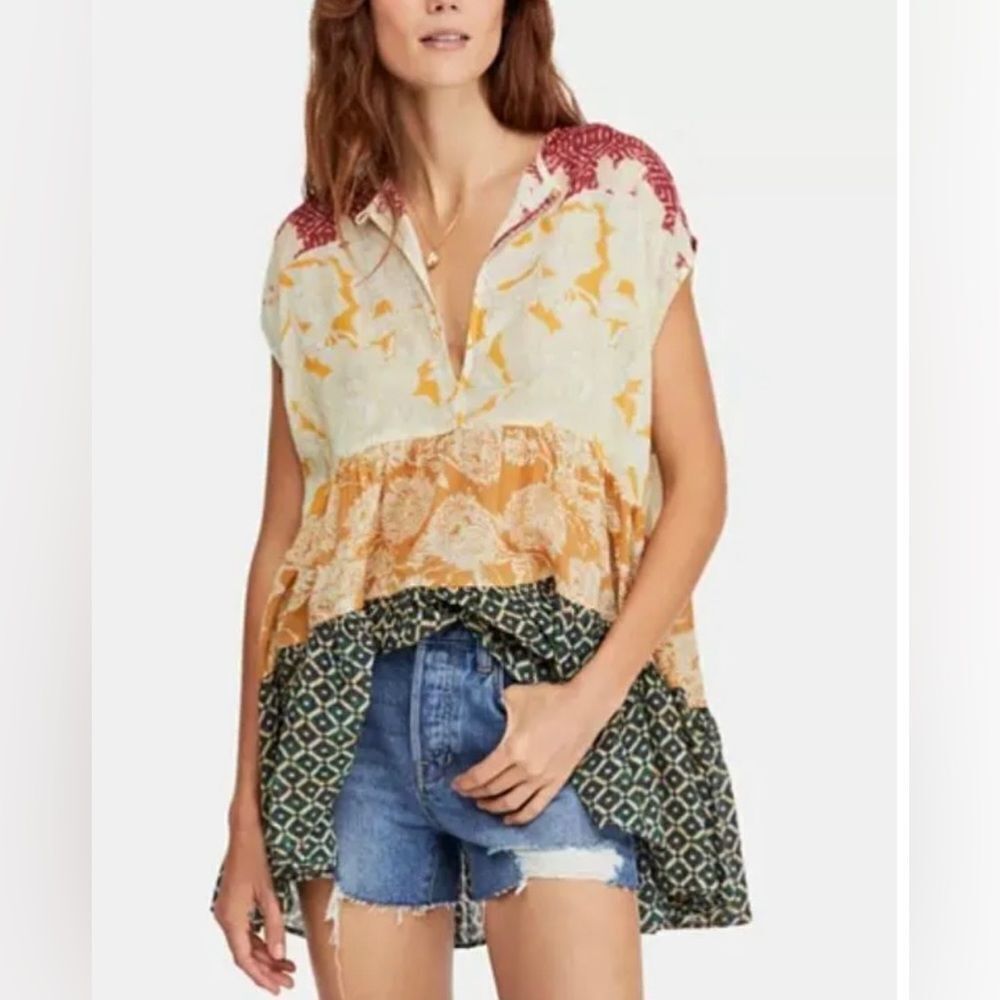 Free People Multi-Color Patchwork Short Sleeve Tunic